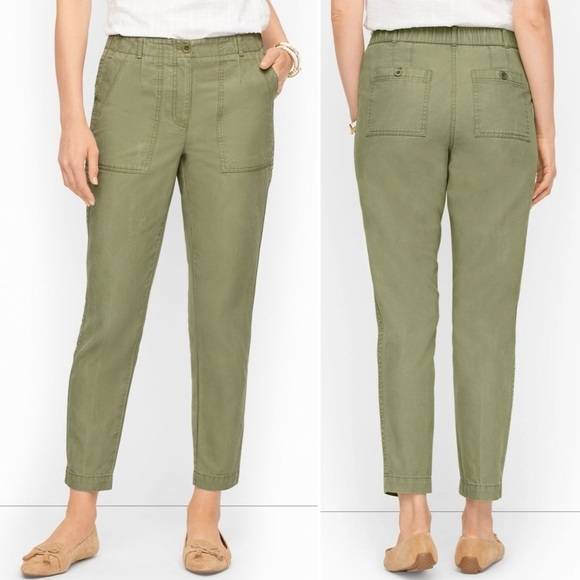 Talbots Slim Cargo Pants 14 olive green cotton canvas ankle cropped pockets - Picture 1 of 12